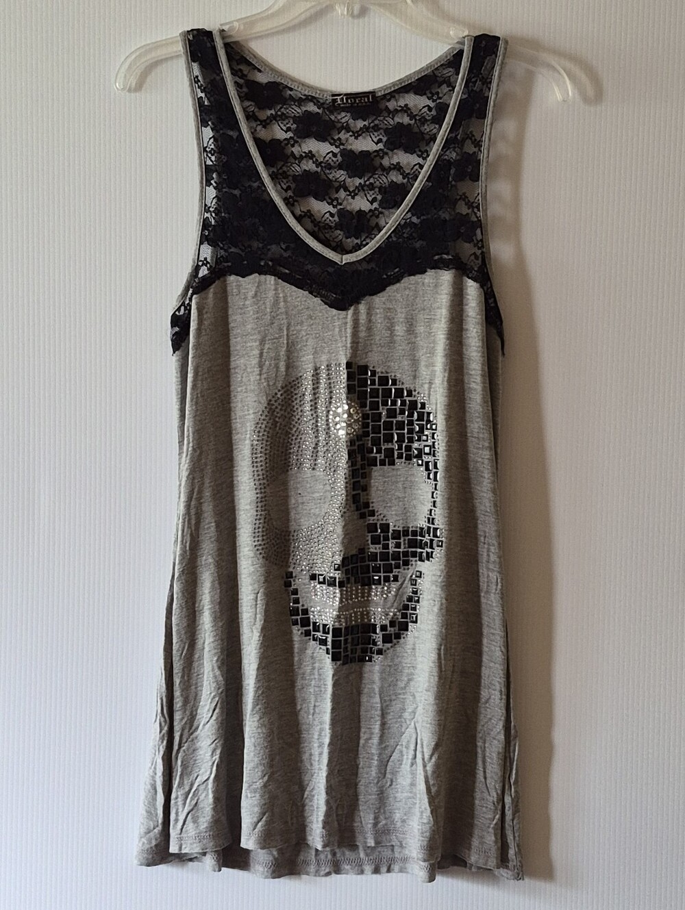 Vocal Y2K Gray Rhinestone and Onyx Studded Skull & Cross Lace Back Tank